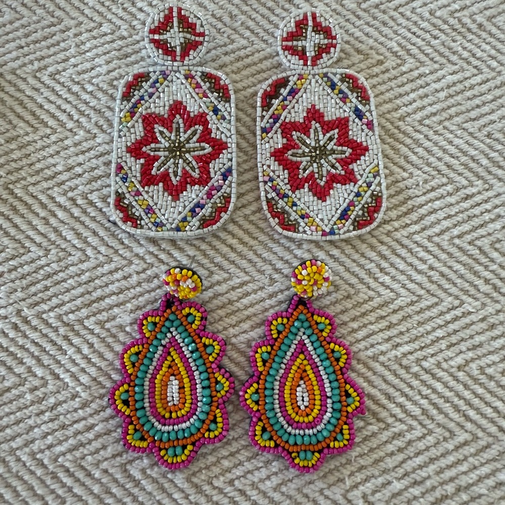 Handmade Multicolor Beaded Statement Earrings - Set of 2
